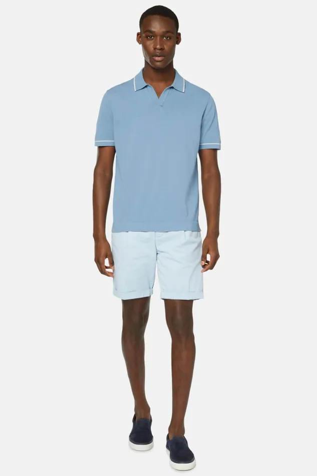 Men Boggi Milano Knitwear Sky Blue Cotton Crepe Knit Polo Shirt Light Blu
