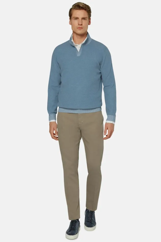 Men Boggi Milano Knitwear Sky Blue Cotton Open Neck Jumper Light Blu
