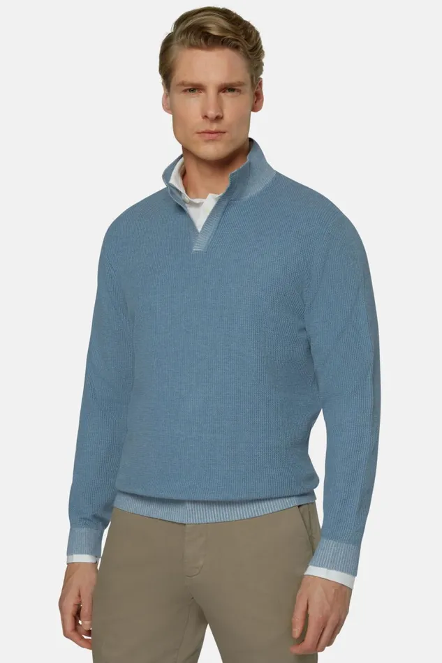 Men Boggi Milano Knitwear Sky Blue Cotton Open Neck Jumper Light Blu