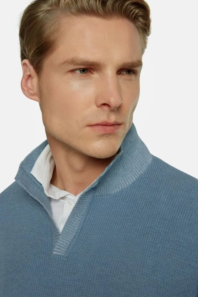 Men Boggi Milano Knitwear Sky Blue Cotton Open Neck Jumper Light Blu
