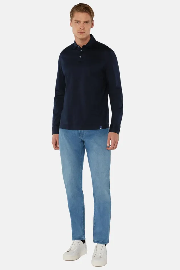 Men Boggi Milano Polo Long Sleeved Regular Fit Polo Shirt In Pima Cotton Jersey Navy Blue