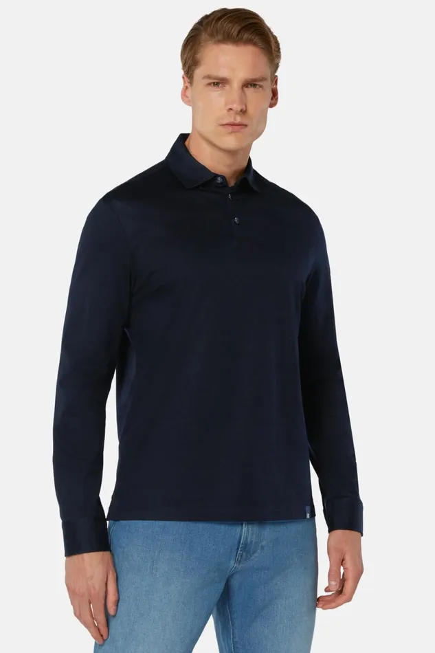 Men Boggi Milano Polo Long Sleeved Regular Fit Polo Shirt In Pima Cotton Jersey Navy Blue Men Boggi Milano Polo Long Sleeved Regular Fit Polo Shirt In Pima Cotton Jersey Navy Blue