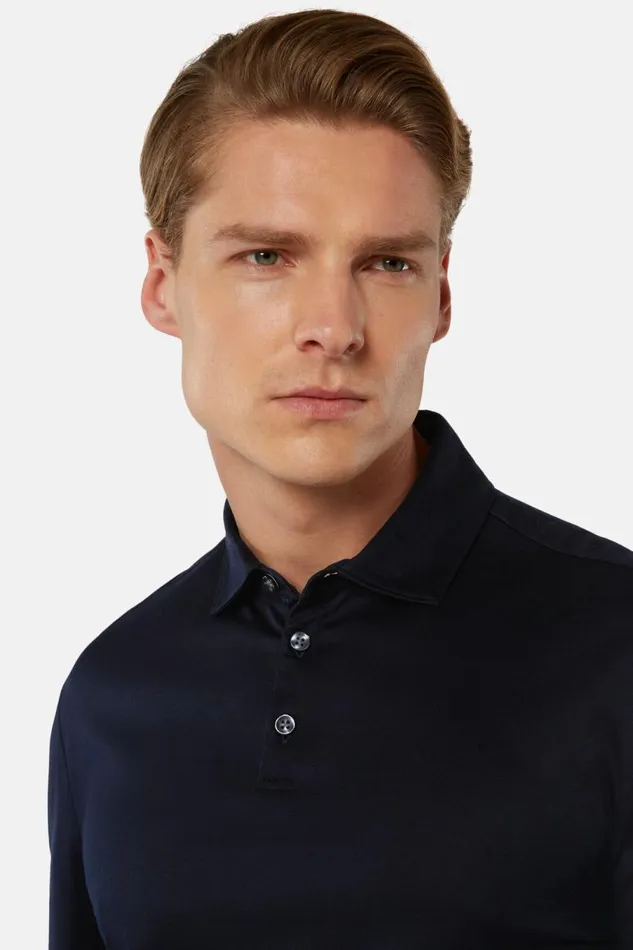 Men Boggi Milano Polo Long Sleeved Regular Fit Polo Shirt In Pima Cotton Jersey Navy Blue Men Boggi Milano Polo Long Sleeved Regular Fit Polo Shirt In Pima Cotton Jersey Navy Blue