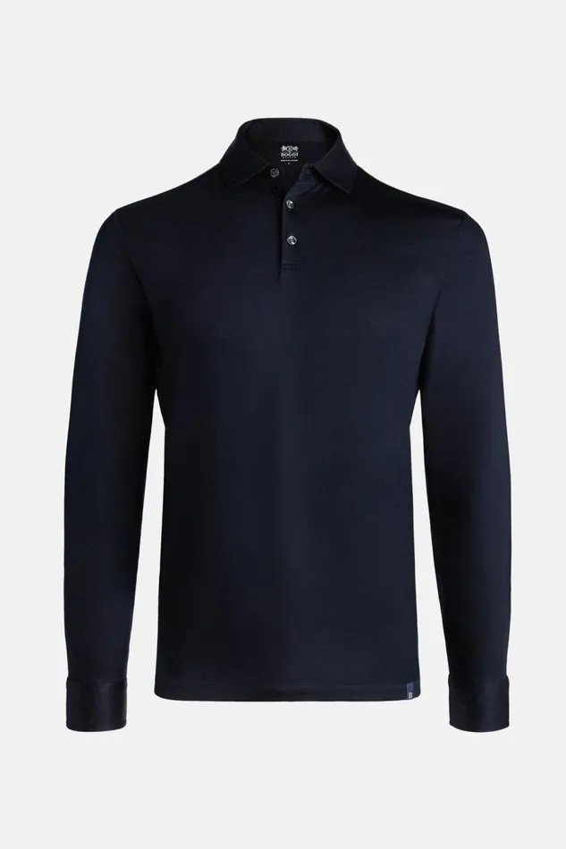 Men Boggi Milano Polo Long Sleeved Regular Fit Polo Shirt In Pima Cotton Jersey Navy Blue Men Boggi Milano Polo Long Sleeved Regular Fit Polo Shirt In Pima Cotton Jersey Navy Blue
