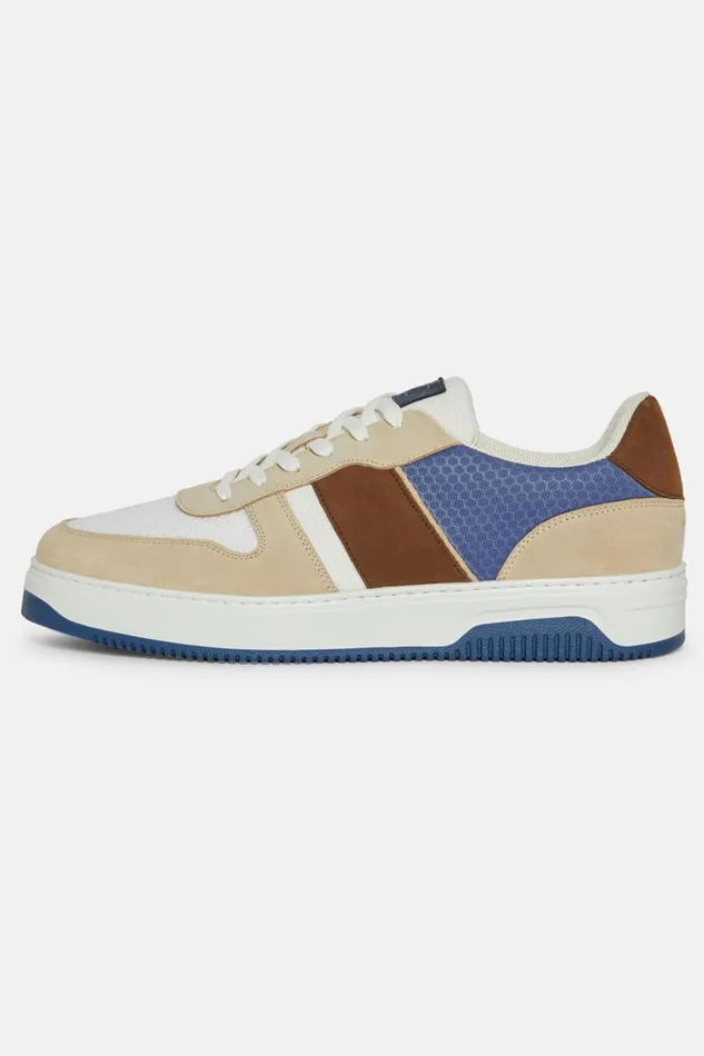 Men Boggi Milano Sneakers Beige Trainers In Leather And Technical Fabric Light Blu