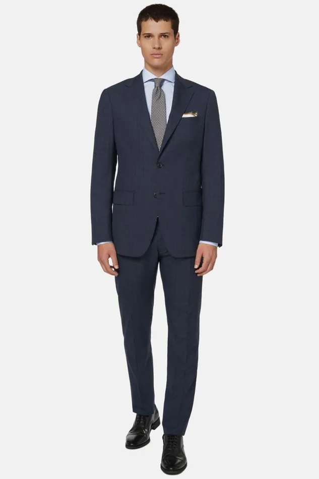 Men Boggi Milano Suits Blue Prince Of Wales Check Pure Wool Suit Blue