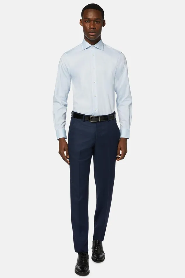 Men Boggi Milano Trousers Regular Fit Birdseye Wool Trousers Bluette Men Boggi Milano Trousers Regular Fit Birdseye Wool Trousers Bluette