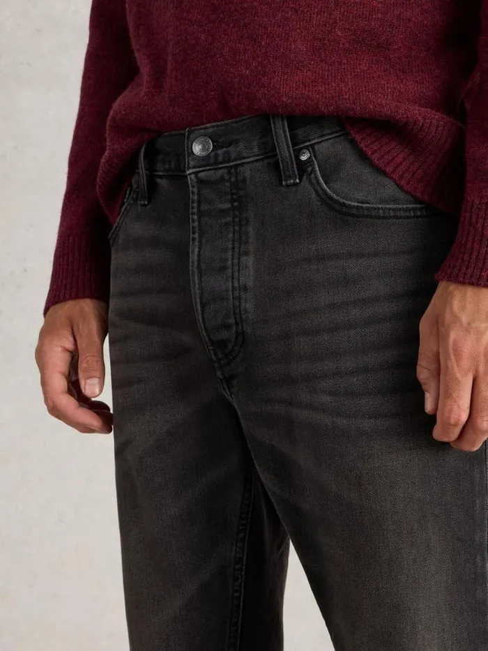 Men Jeans White Stuff Eastwood Straight Jean Zip Fly Washed Black