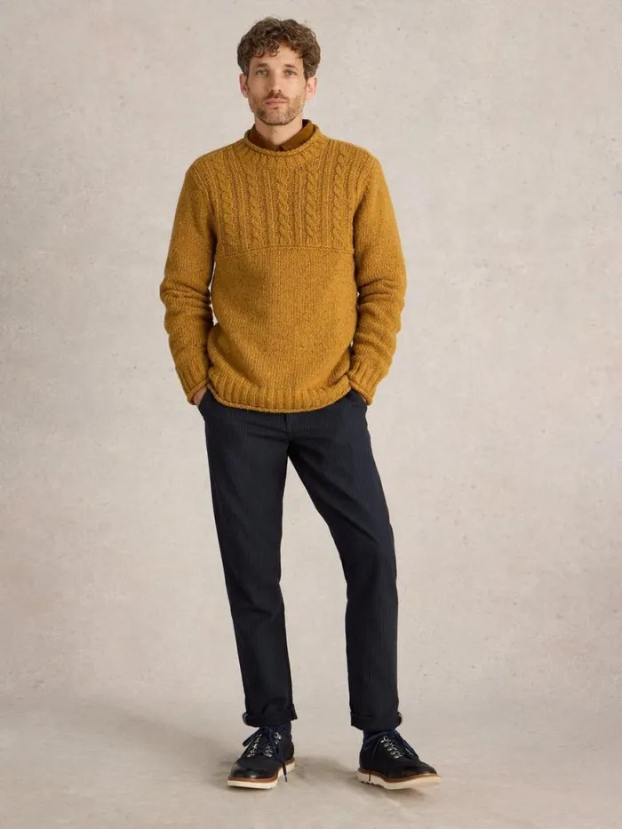 Men Knitwear White Stuff Cable Mix Wool Crew Neck Mid Yellow
