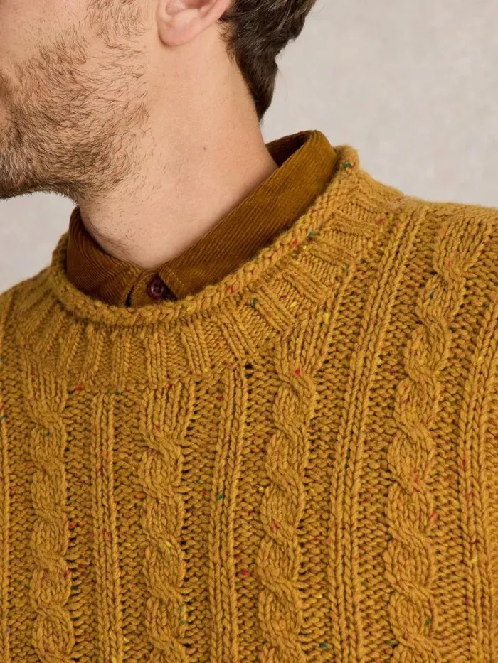 Men Knitwear White Stuff Cable Mix Wool Crew Neck Mid Yellow