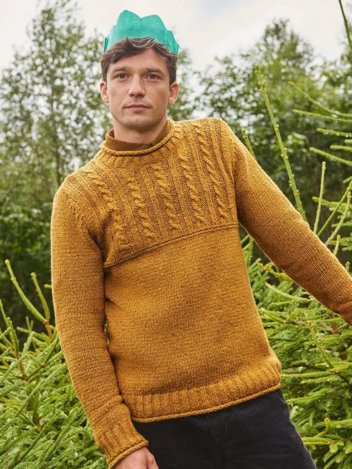 Men Knitwear White Stuff Cable Mix Wool Crew Neck Mid Yellow