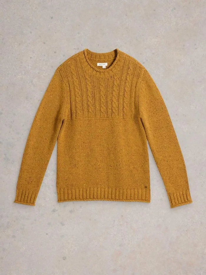 Men Knitwear White Stuff Cable Mix Wool Crew Neck Mid Yellow