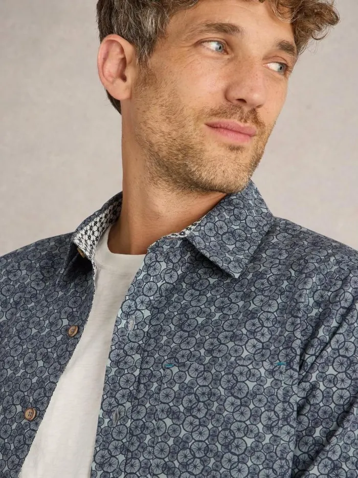 Men Shirts White Stuff Bike Tires Printed Shirt Navy Print Men Shirts White Stuff Bike Tires Printed Shirt Navy Print