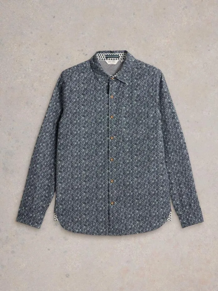 Men Shirts White Stuff Bike Tires Printed Shirt Navy Print Men Shirts White Stuff Bike Tires Printed Shirt Navy Print