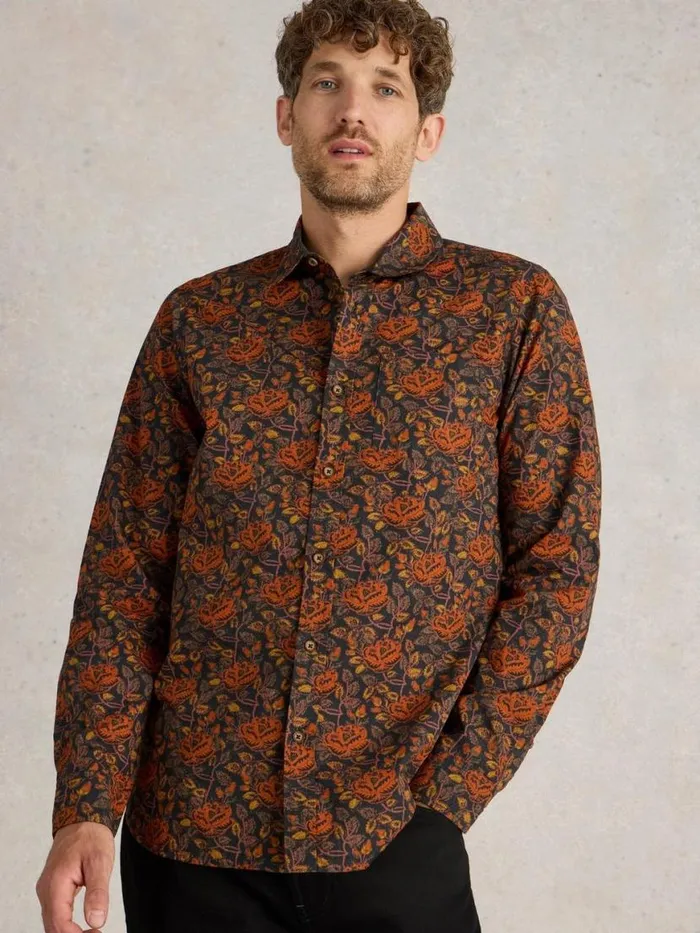 Men Shirts White Stuff Block Floral Printed Shirt Brown Multi