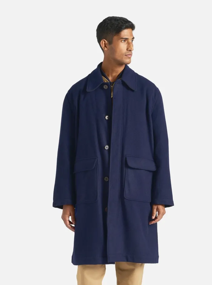 Men Universal Works Account Coat In Navy Melton Universal Works Coats and Outerwear