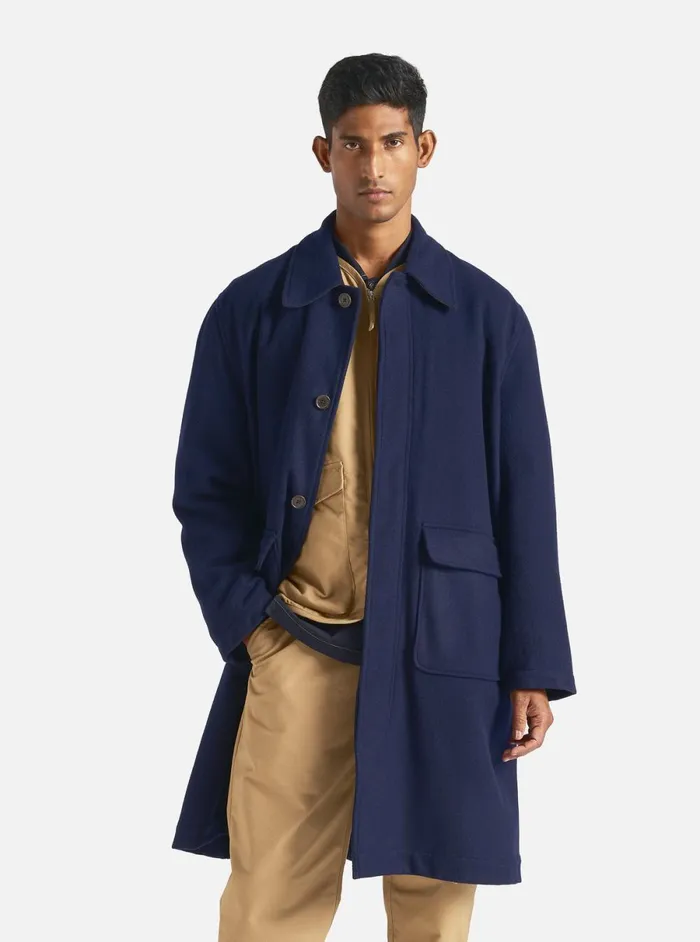 Men Universal Works Account Coat In Navy Melton Universal Works Coats and Outerwear