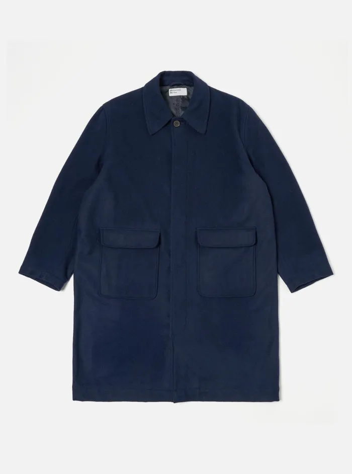 Men Universal Works Account Coat In Navy Melton Universal Works Coats and Outerwear