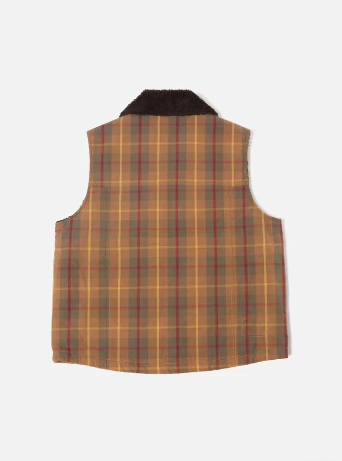 Men Universal Works Atlas Gilet In Cinnamon British Drywax Check Universal Works Waistcoats and Gilets