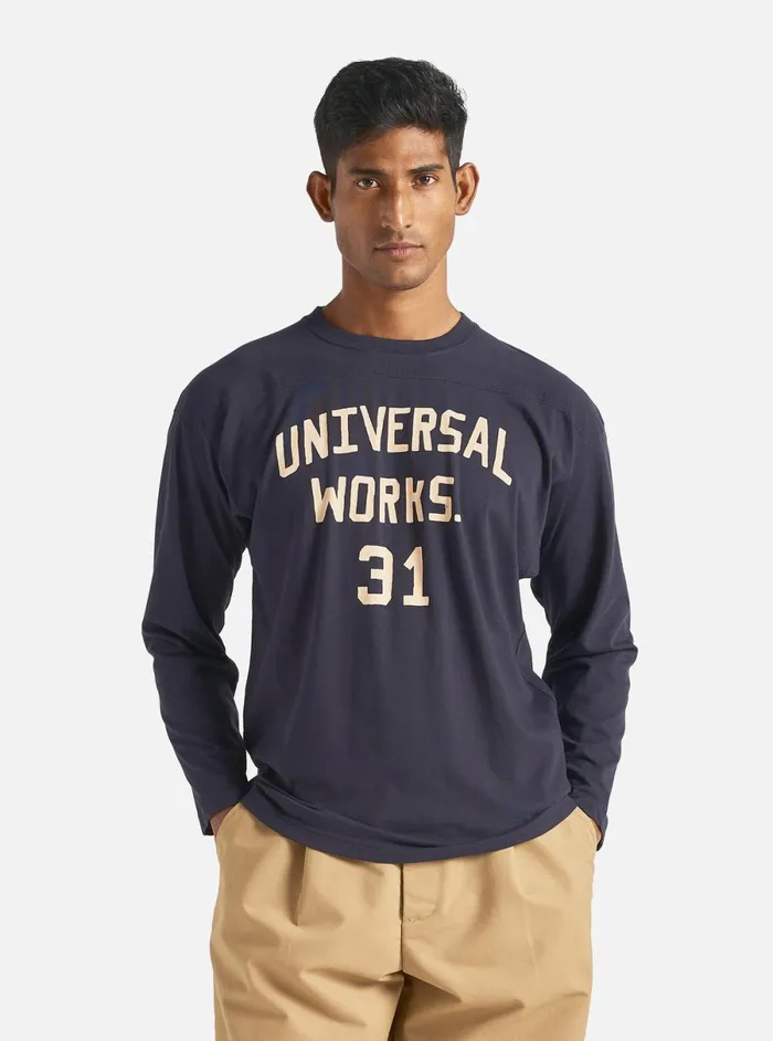 Men Universal Works Football T Shirt In Navy Single Jersey Uw31 Universal Works Tees