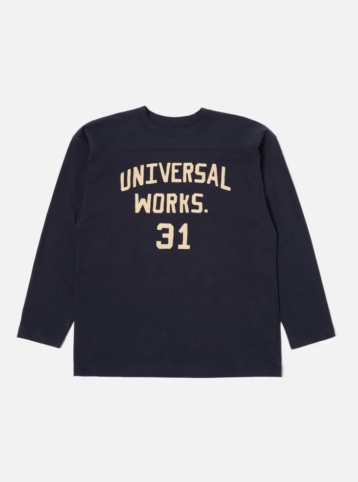 Men Universal Works Football T Shirt In Navy Single Jersey Uw31 Universal Works Tees