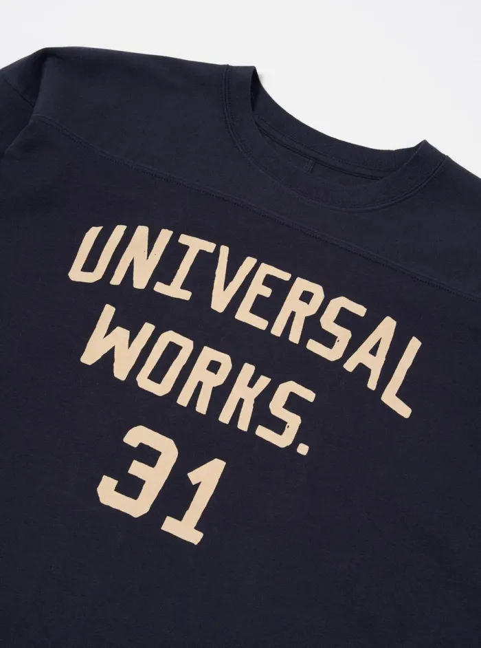Men Universal Works Football T Shirt In Navy Single Jersey Uw31 Universal Works Tees