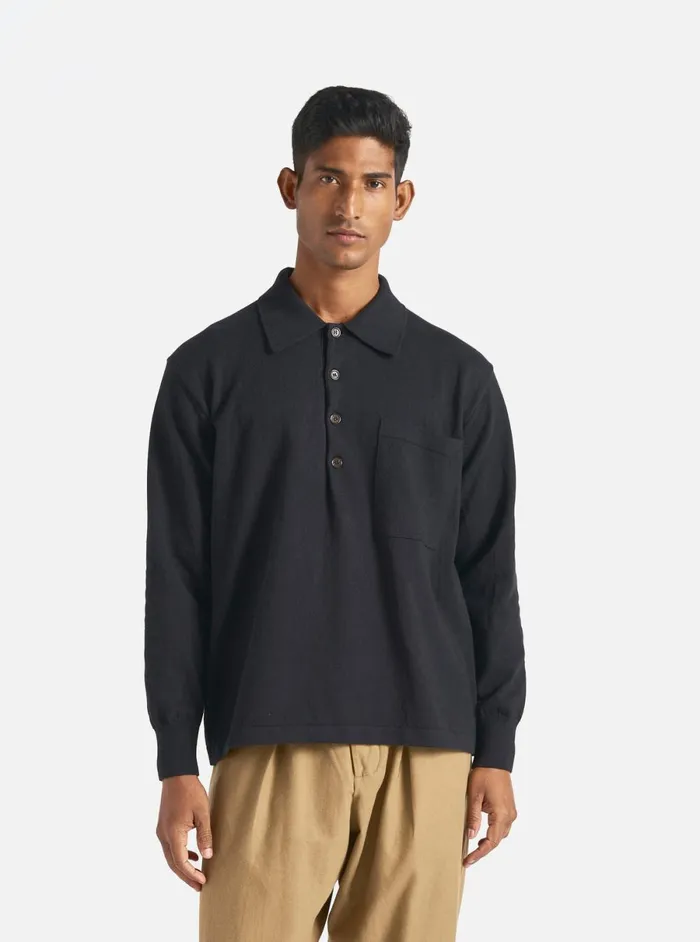 Men Universal Works LS Pullover Knit Shirt In Black Eco Cotton Universal Works Knitwear Men Universal Works LS Pullover Knit Shirt In Black Eco Cotton Universal Works Knitwear