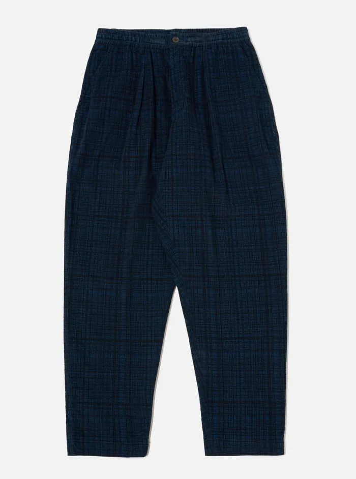 Men Universal Works Pleated Track Pant In Navy Check Cord Seersucker Universal Works Trousers Men Universal Works Pleated Track Pant In Navy Check Cord Seersucker Universal Works Trousers