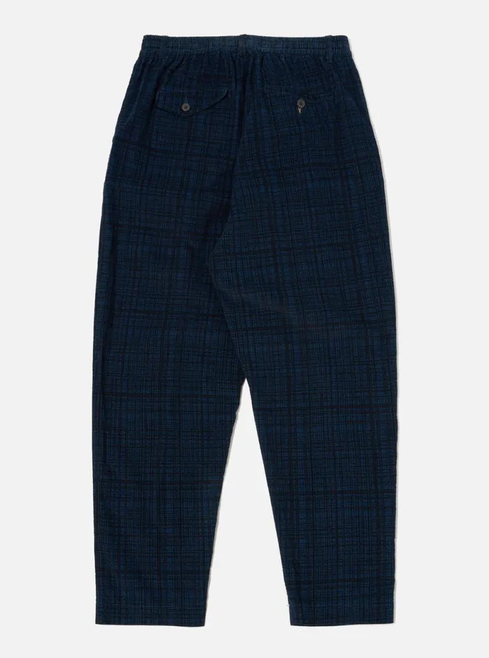 Men Universal Works Pleated Track Pant In Navy Check Cord Seersucker Universal Works Trousers