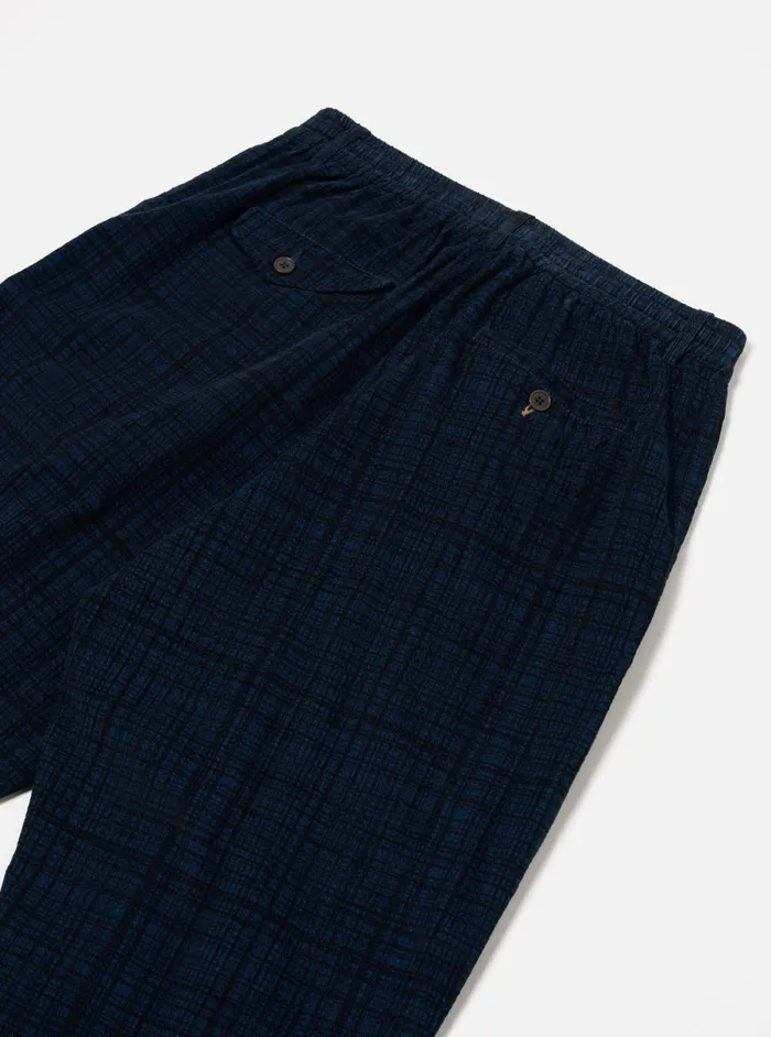Men Universal Works Pleated Track Pant In Navy Check Cord Seersucker Universal Works Trousers