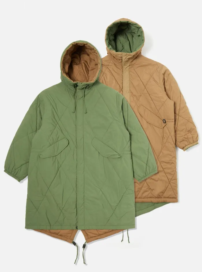 Men Universal Works Reversible Diamond Quilt Parka In Green Recycled Nylon Universal Works Coats and Outerwear Men Universal Works Reversible Diamond Quilt Parka In Green Recycled Nylon Universal Works Coats and Outerwear