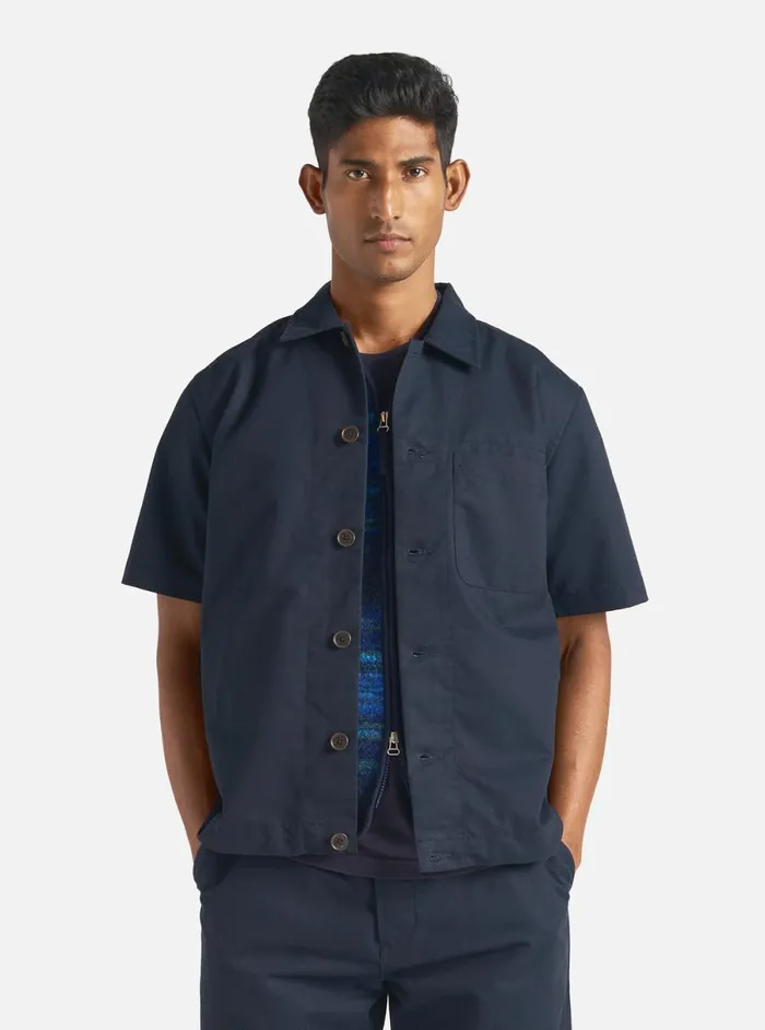 Men Universal Works Tech Overshirt In Navy Brushed Polytech Universal Works Overshirts
