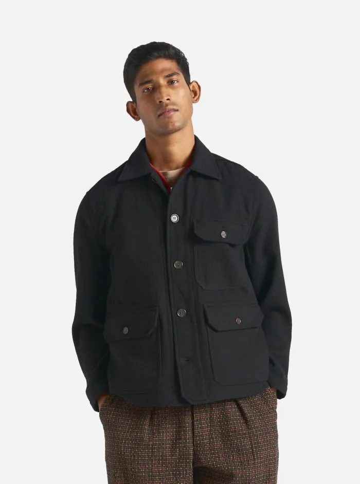 Men Universal Works Utility Jacket In Black Recycled Soft Wool Universal Works Jackets