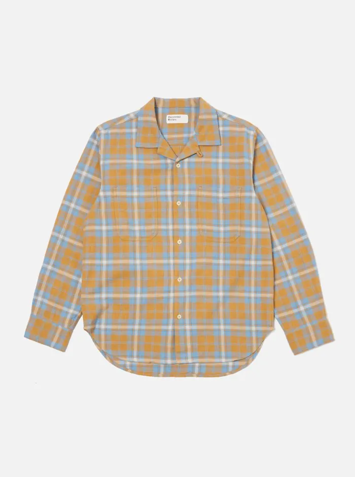 Men Universal Works Work Shirt In Gold Slub Twill Check Universal Works Overshirts