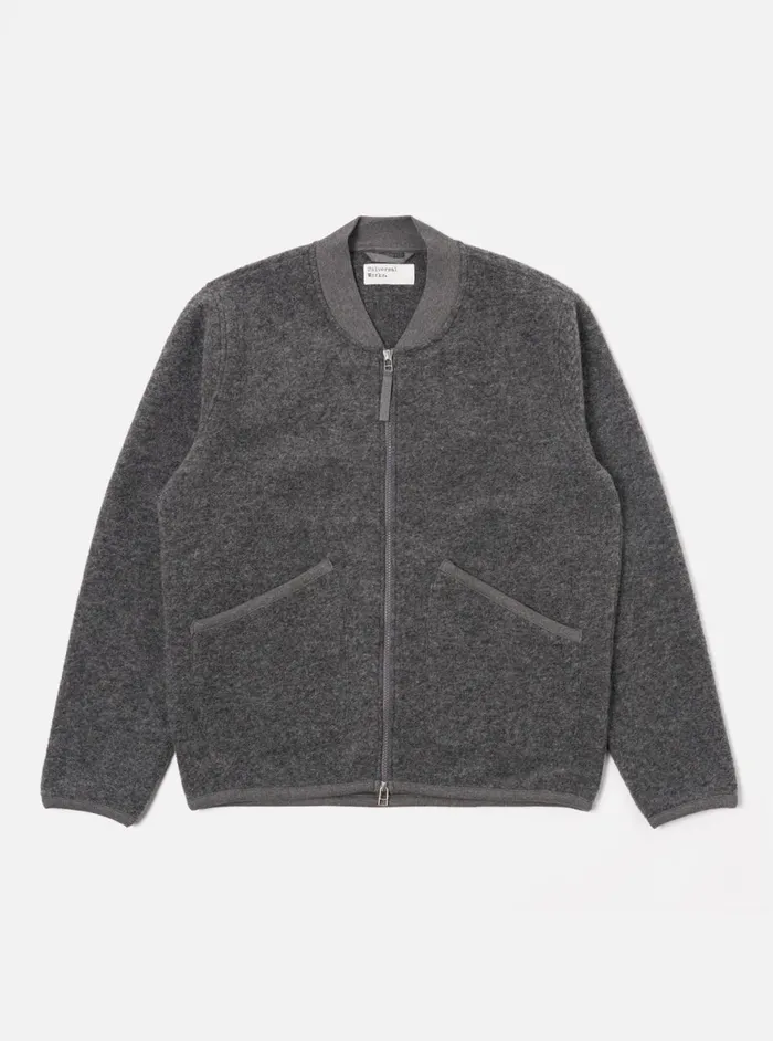 Men Universal Works Zip Bomber In Grey Marl Wool Fleece Universal Works Jackets