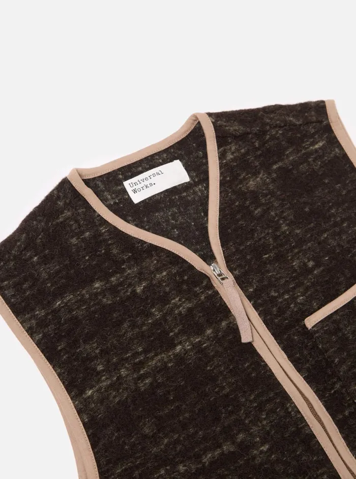 Men Universal Works Zip Gilet In Brown Marble Fleece Universal Works Waistcoats and Gilets