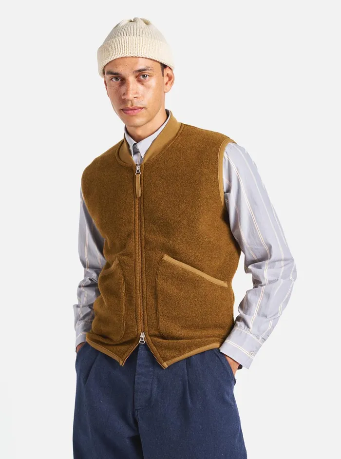 Men Universal Works Zip Waistcoat In Mustard Wool Fleece Universal Works Fleece