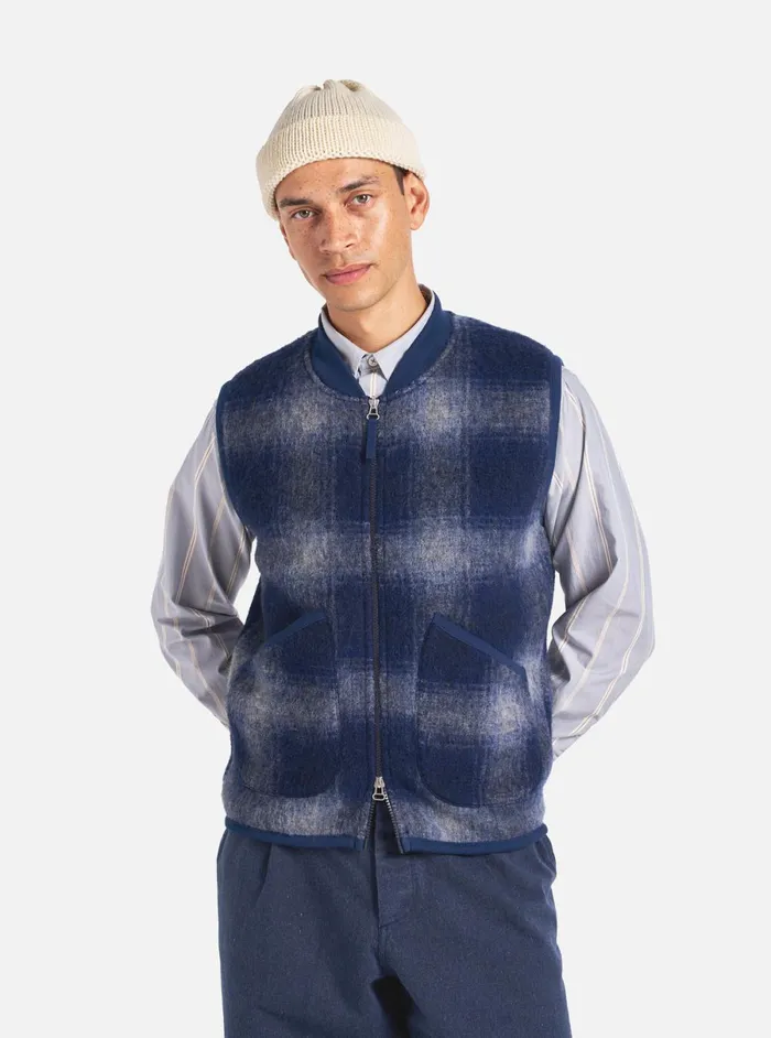 Men Universal Works Zip Waistcoat In NavyGrey Fresco Fleece Universal Works Fleece