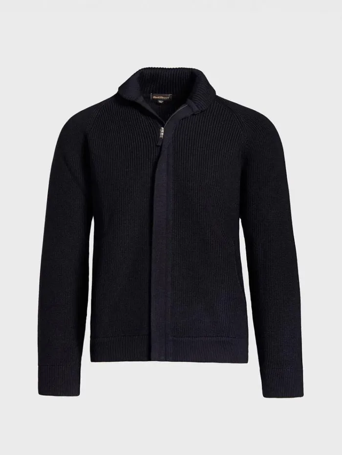 Merino Wool Ribbed Full Zip Cardigan Navy Men Paul Stuart Sweaters