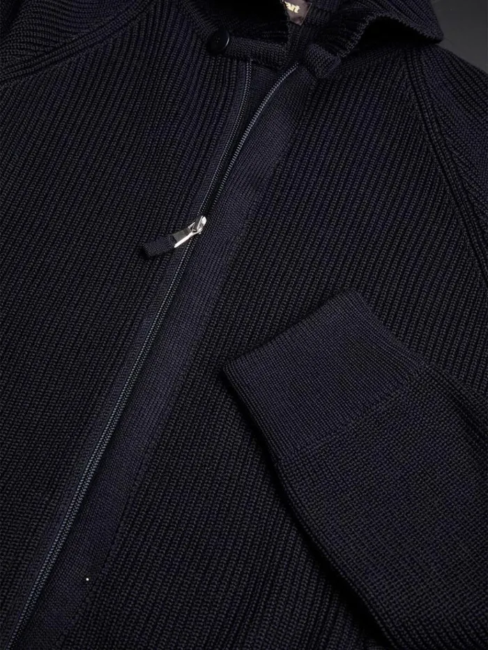 Merino Wool Ribbed Full Zip Cardigan Navy Men Paul Stuart Sweaters