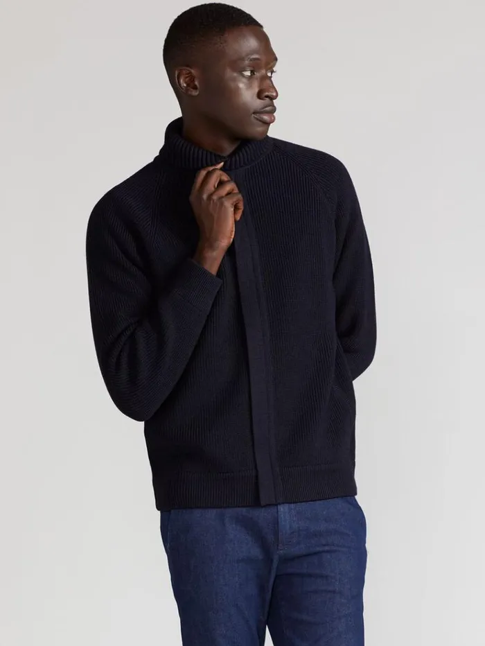 Merino Wool Ribbed Full Zip Cardigan Navy Men Paul Stuart Sweaters