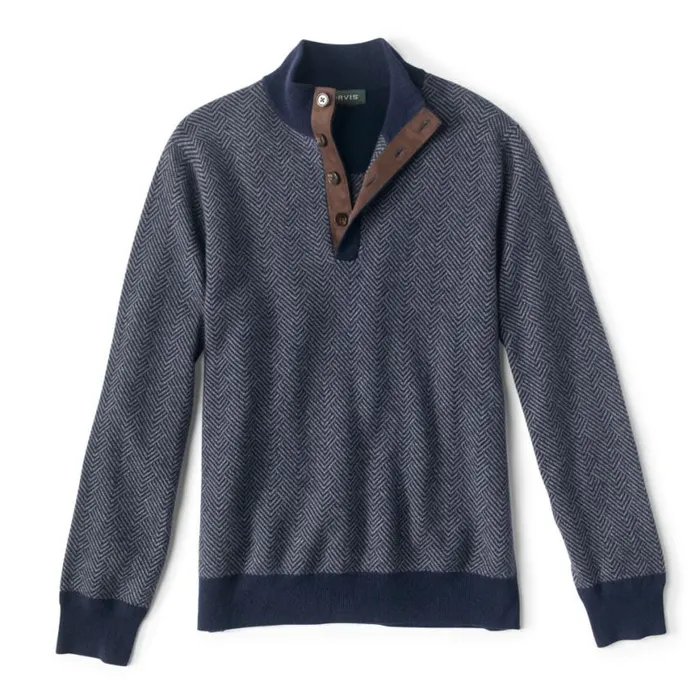 Orvis Sweaters Men BrokenHerringbone Cashmere Button Mockneck Sweater Navygrey