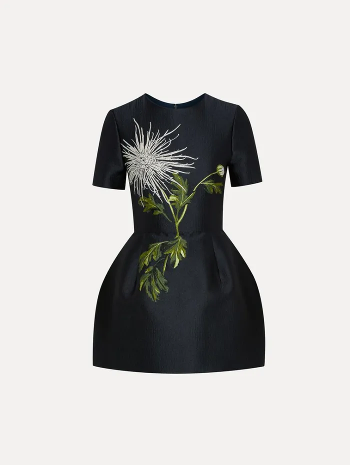 Oscar De La Renta Dresses Chrysanthemum Jacquard Short Sleeve Dress White Navy 8211 Women