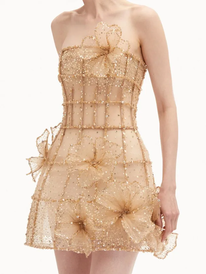 Oscar De La Renta Dresses Crystal Grid Orchid Cocktail Dress Gold 8211 Women Oscar De La Renta Dresses Crystal Grid Orchid Cocktail Dress Gold 8211 Women