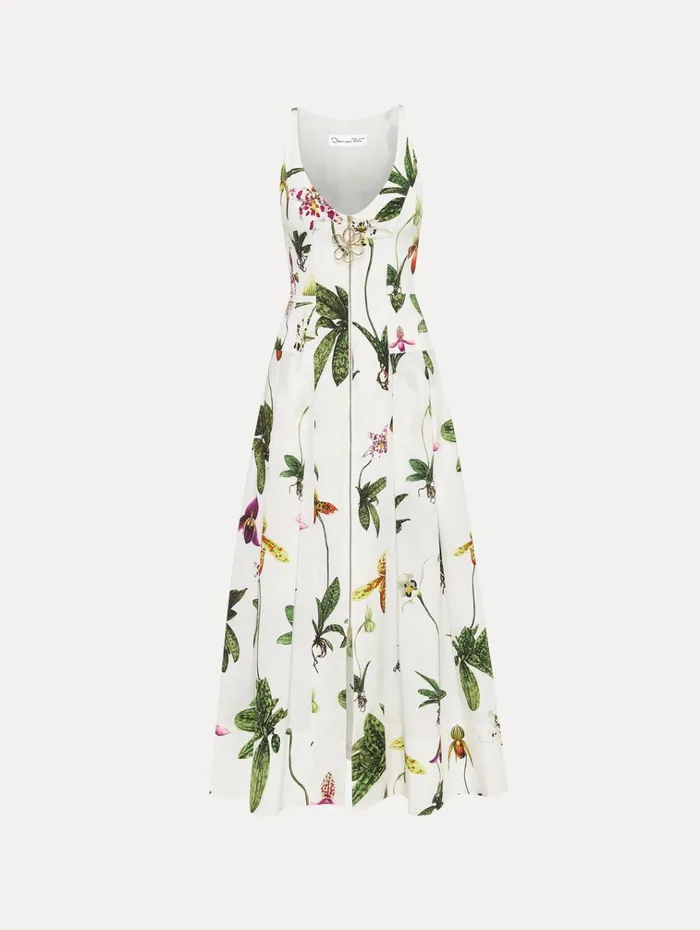 Oscar De La Renta Dresses Orchid Zip Front Cotton Poplin Dress White Multi 8211 Women