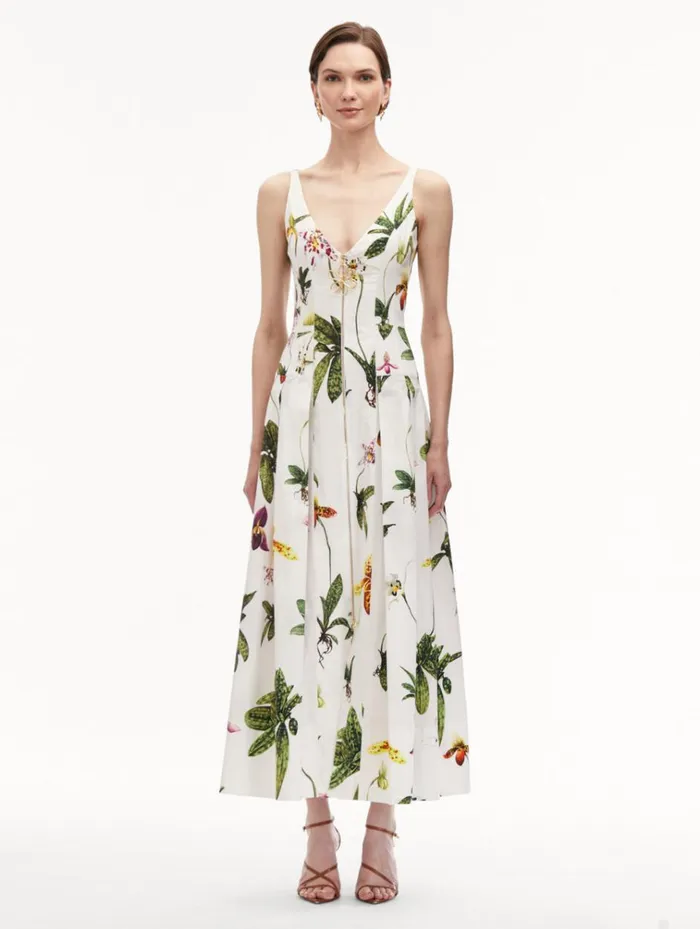 Oscar De La Renta Dresses Orchid Zip Front Cotton Poplin Dress White Multi 8211 Women