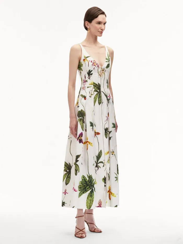 Oscar De La Renta Dresses Orchid Zip Front Cotton Poplin Dress White Multi 8211 Women