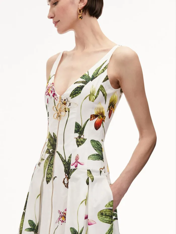 Oscar De La Renta Dresses Orchid Zip Front Cotton Poplin Dress White Multi 8211 Women
