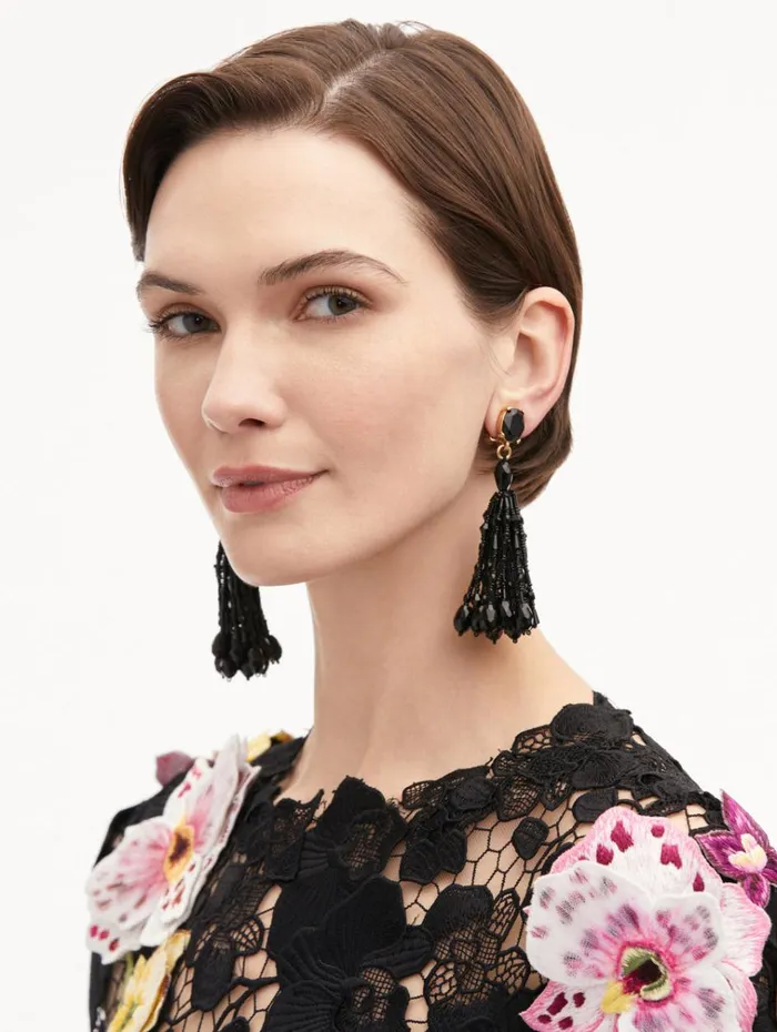 Oscar De La Renta Earrings Beaded Tassel ClipOn Earrings Jet 8211 Women Oscar De La Renta Earrings Beaded Tassel ClipOn Earrings Jet 8211 Women