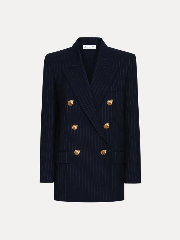 Oscar De La Renta Jackets and Coats Pinstriped DoubleBreasted Jacket Navy and White 8211 Women
